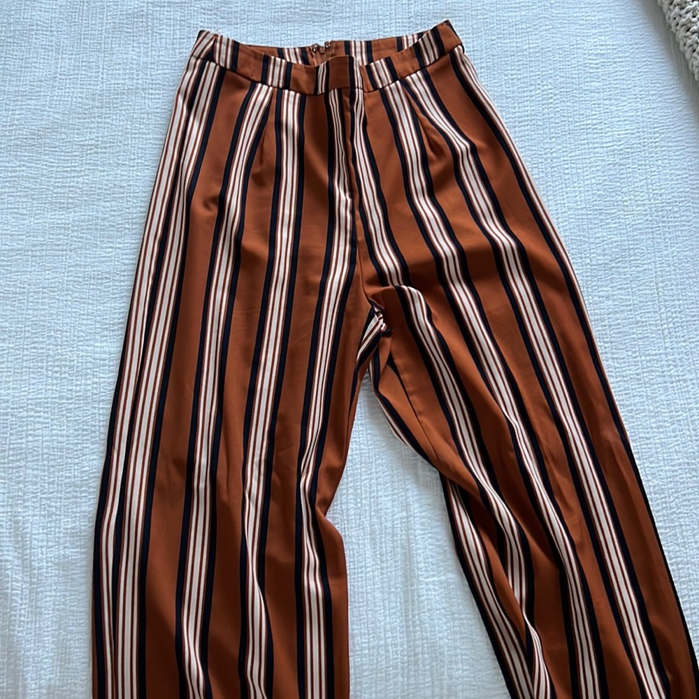 Wide leg pants, dress up or down, burnt orange and strip lines, size M